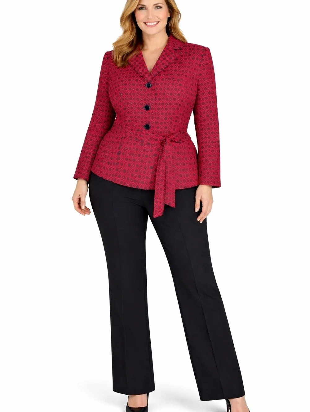 Le Suit Pant Suit Size 14P Red Black Blazer Solid Black Pleated Pants Belt Lined